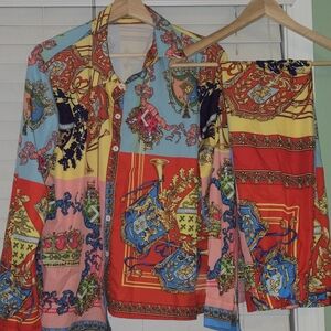 Colorful Patterned Shirt & Pants Pajama Set Size Large